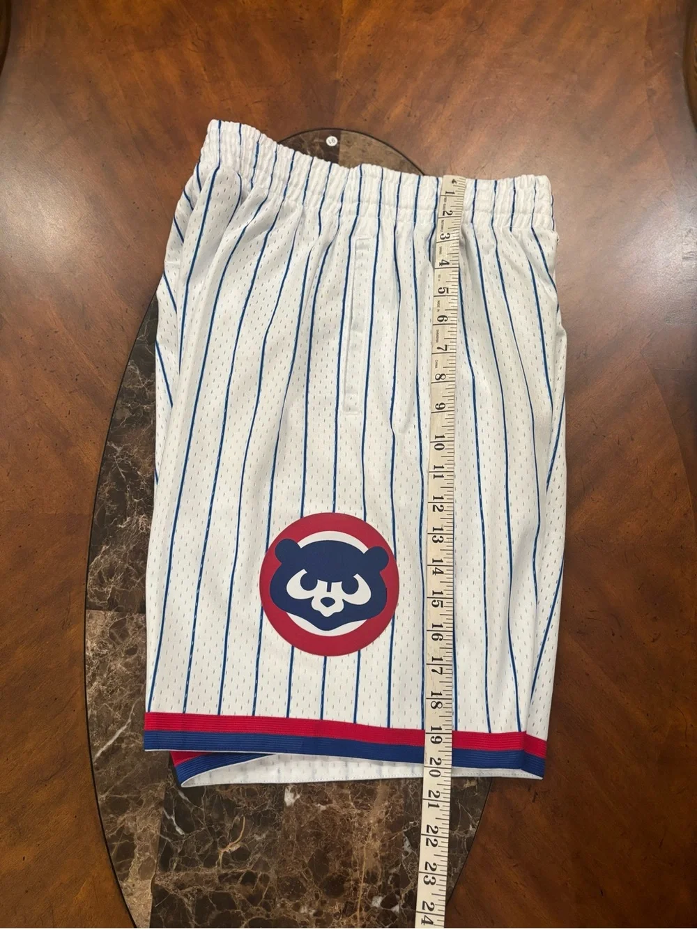 White Pinstripe Chicago Cubs Mesh Shorts with Team Logos